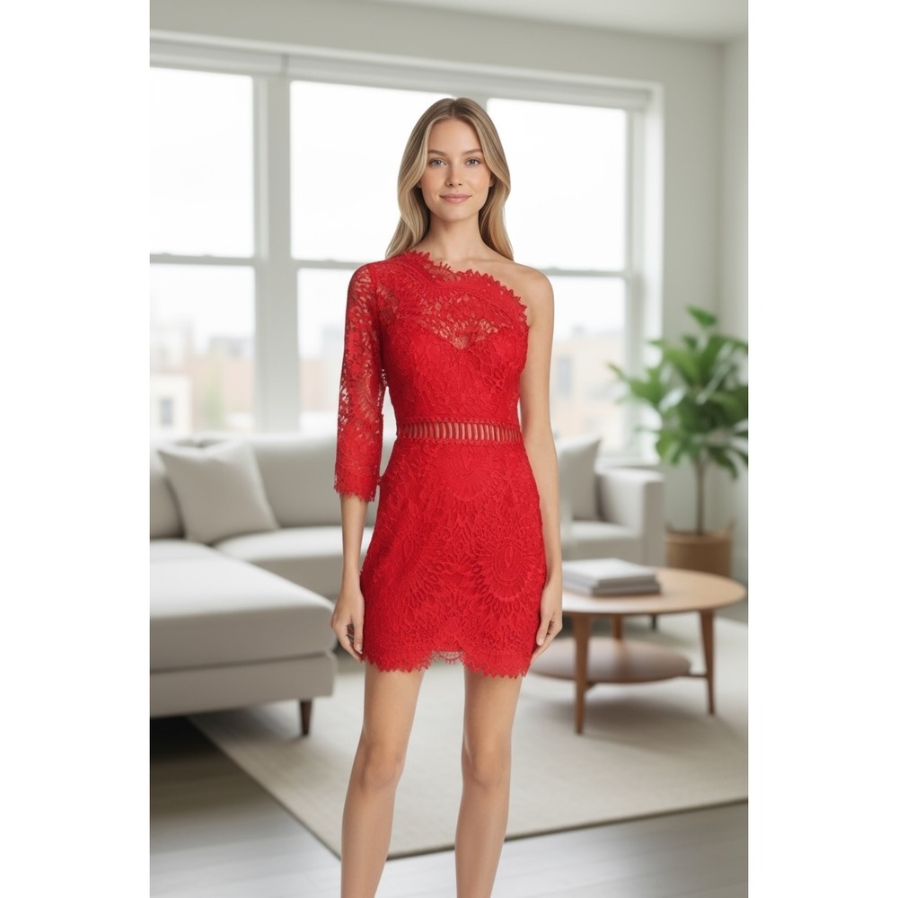 Saylor Pippa Red‎ Lace One-Shoulder Dress- Size S
